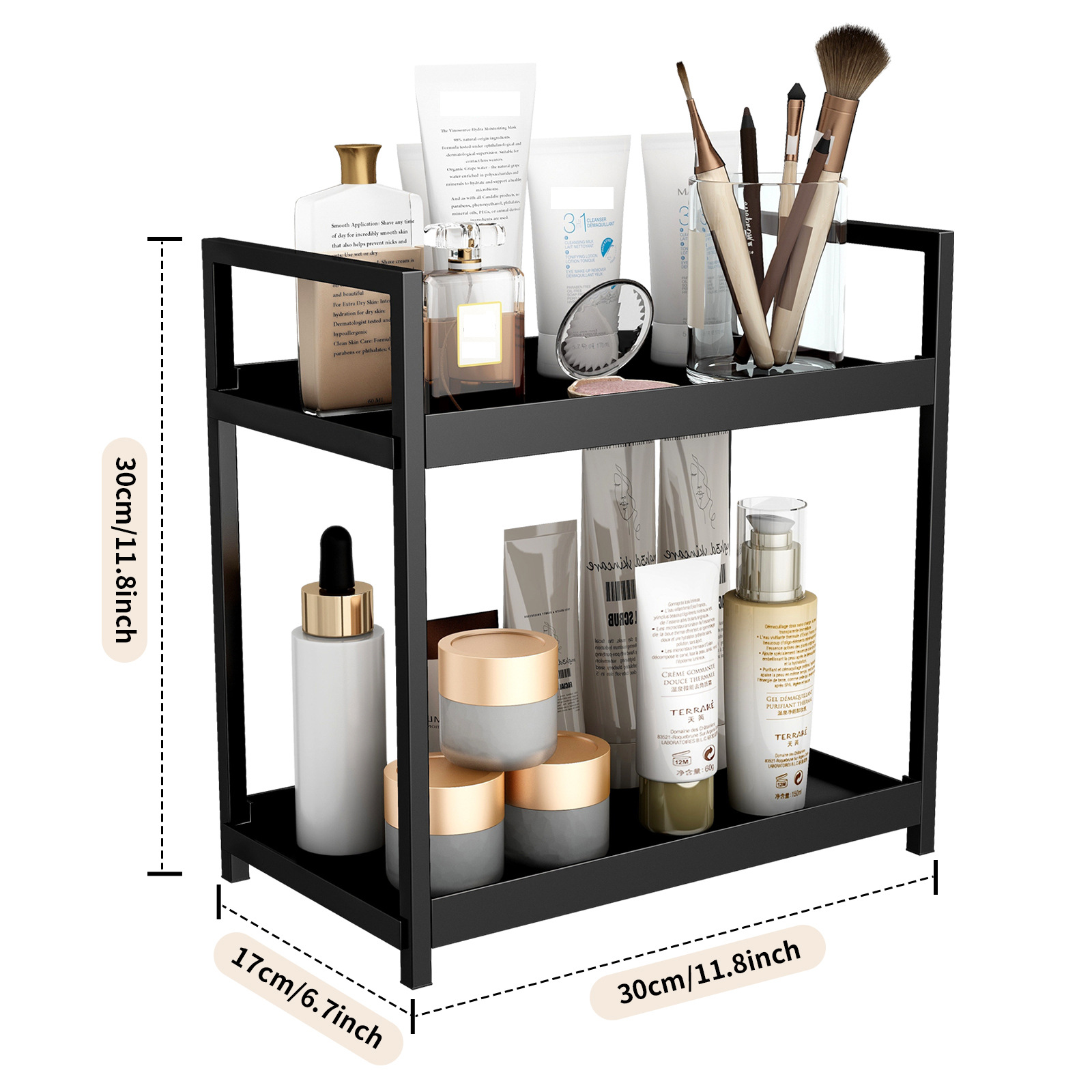 Double Layer Plastic Desktop Organizer Double Countertop Dresser Shelf Kitchen Bathroom Bedroom Perfume Cosmetic Holder Box