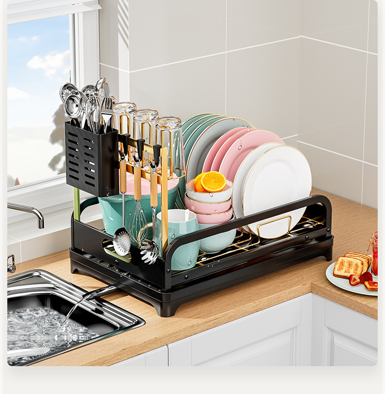 Wrought Iron Kitchen Storage Rack Standing Dish Drying Drainer Cups Utensils Organizer Sink Side Cross-Border Holder Cutlery