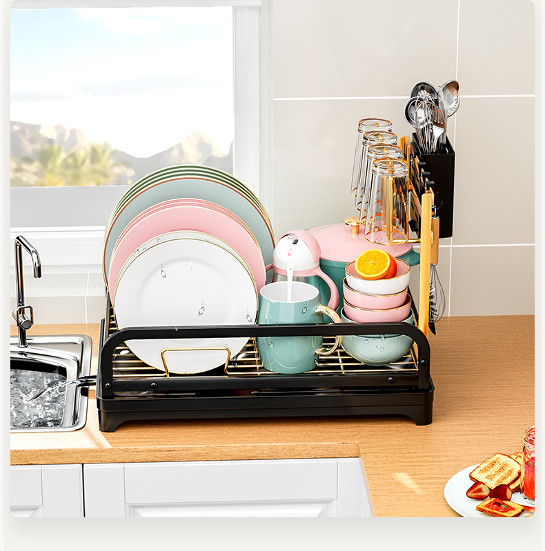 Wrought Iron Kitchen Storage Rack Standing Dish Drying Drainer Cups Utensils Organizer Sink Side Cross-Border Holder Cutlery