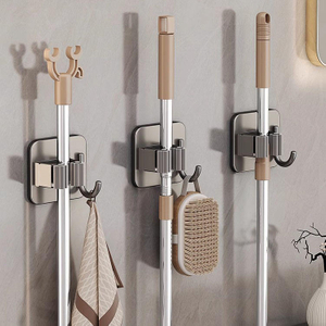 Mop Broom Holder No Dril Wall Mounted Heavy Duty with Hooks Hanger for Bathroom