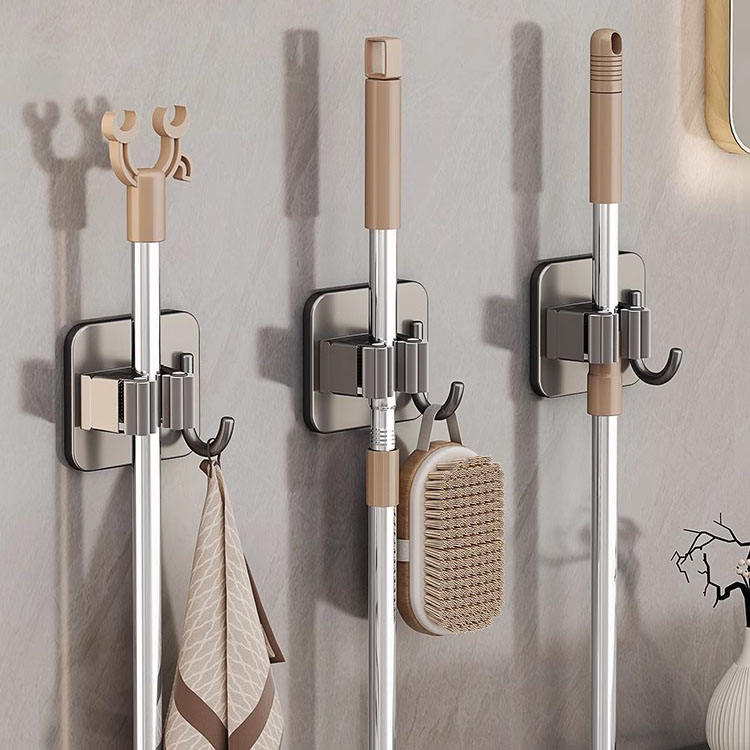 Mop Broom Holder No Dril Wall Mounted Heavy Duty with Hooks Hanger for Bathroom