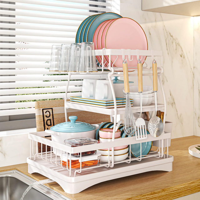 Multi-Functional Kitchen Anti-Rust Countertop Double Draining Bowl Dish Storage Racks