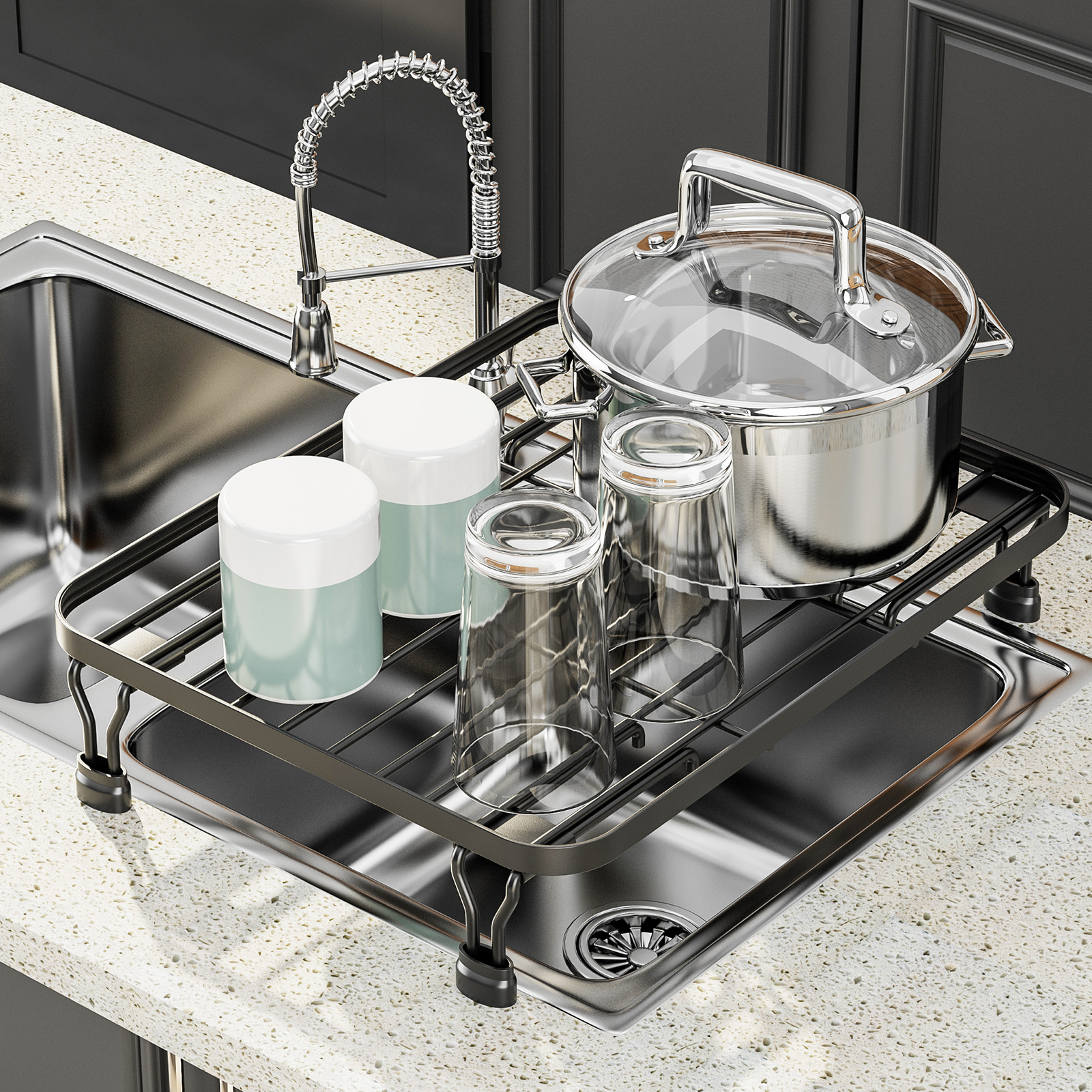 Single-Tier Kitchen Sink Rack Retractable Dish Holder for Fruit & Vegetable Utensils Basin Draining Mat Filter Shelf Storage