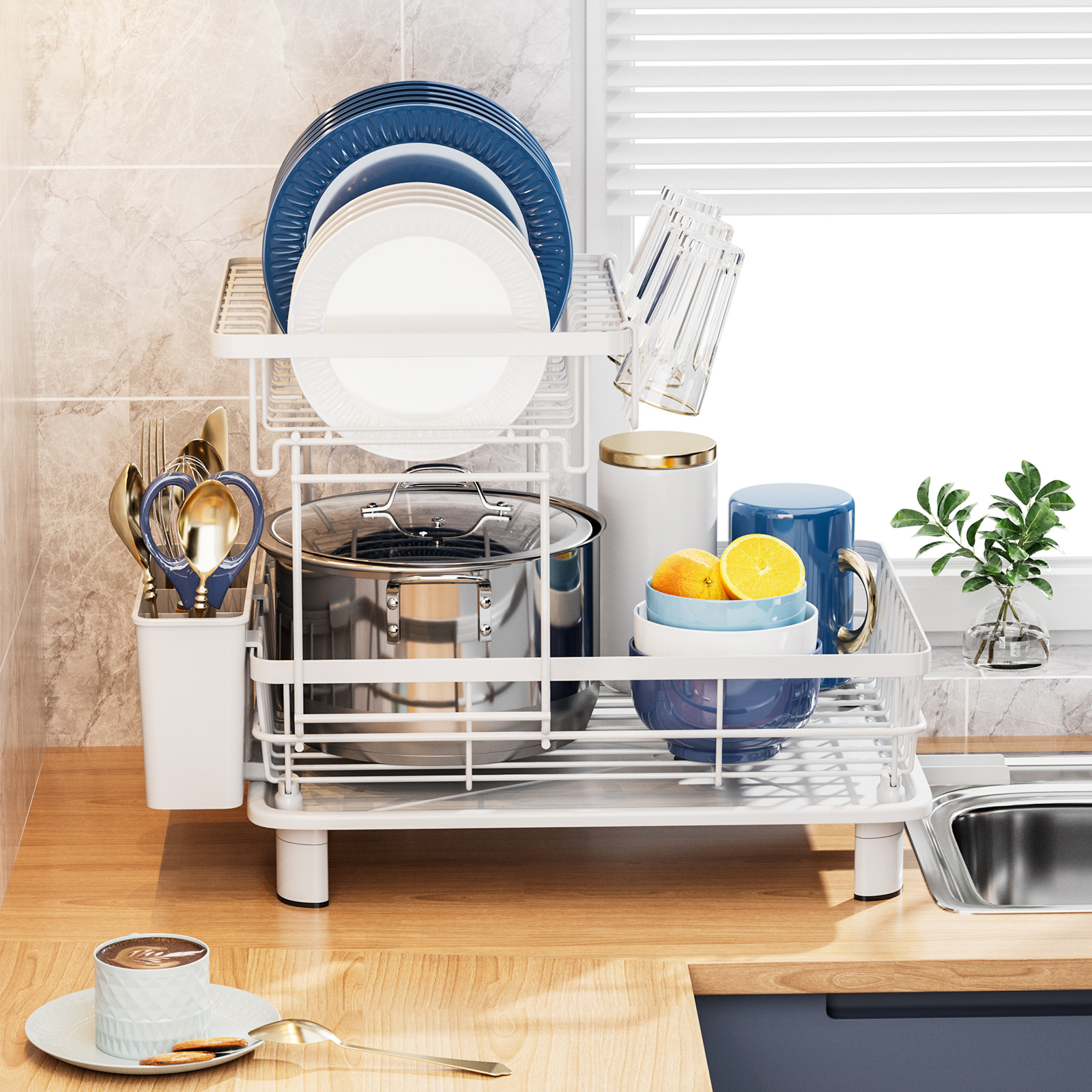 Kitchen Countertop Drying Rack with Double Tiers Household Chopsticks Knife Fork & Cup Storage Holder for Home Use