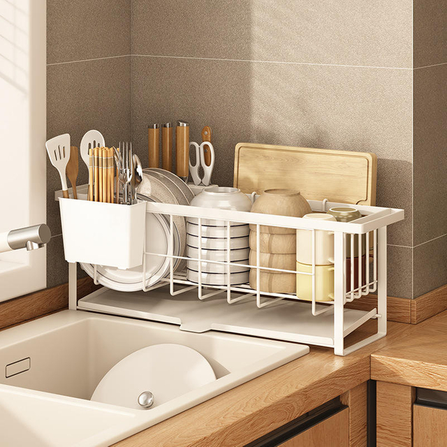 Dish Strainers Utensil Holder Double-Tier Dish Drying Rack Drainboard Kitchen Counter Sink Standing Type