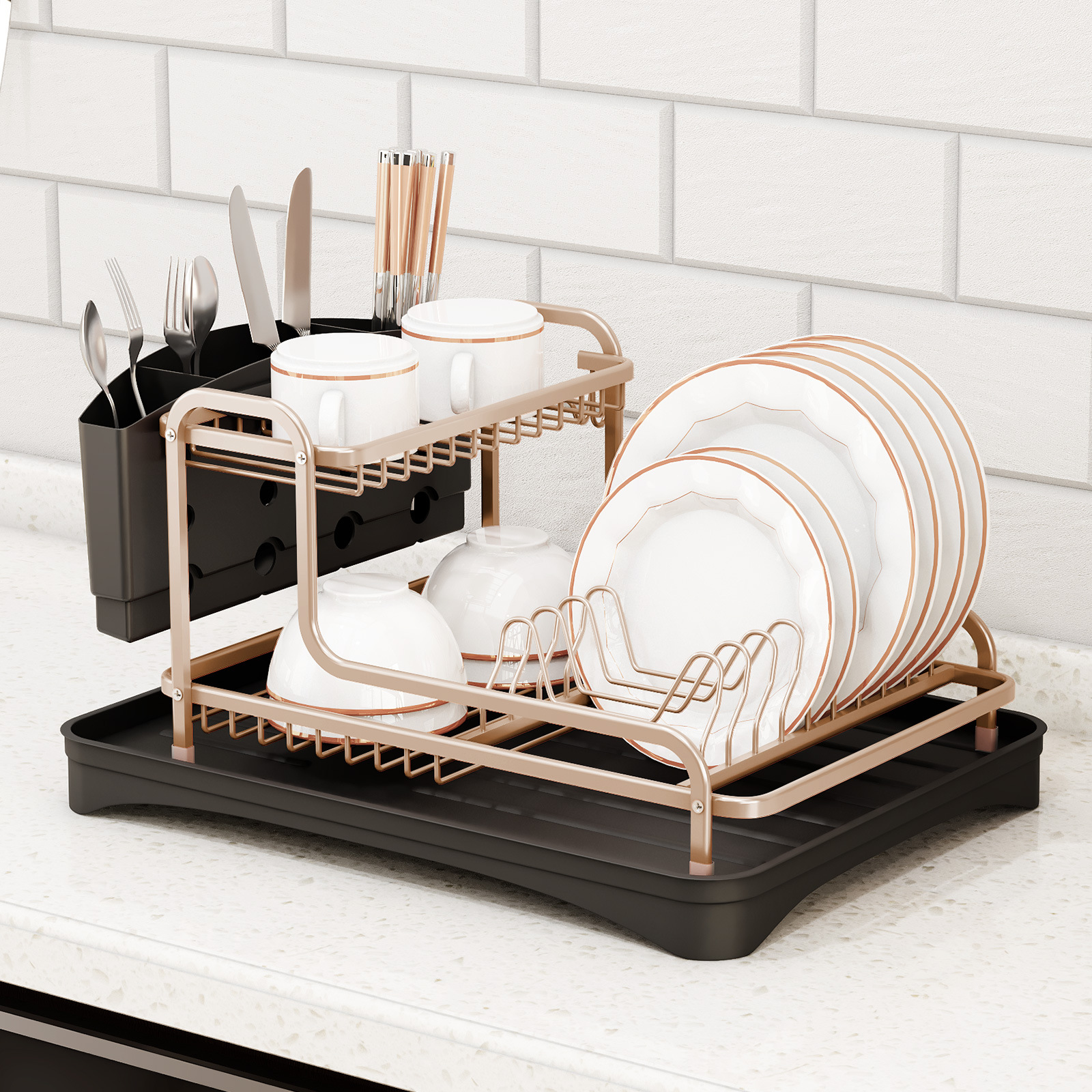 Multifunctional Kitchen Countertop Organizer Double Storage Rack Dish Chopsticks Draining Racks Single Holder Cutlery Dishes