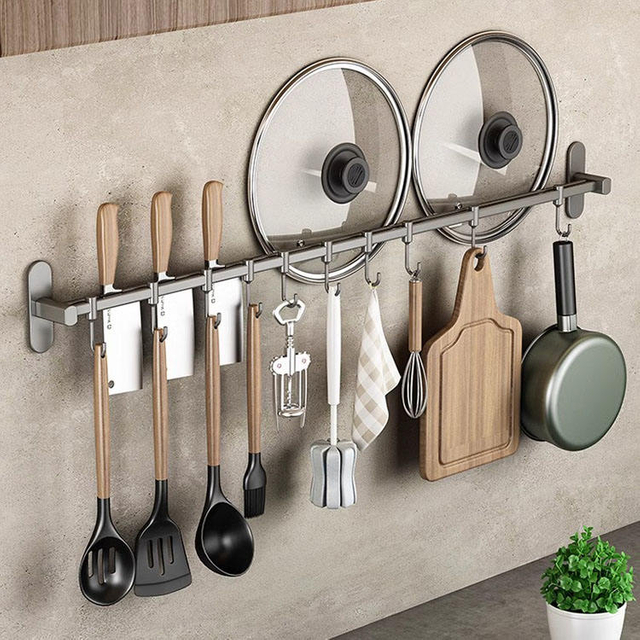 Gunmetal Gray Kitchen Storage Hooks Space Aluminum Wall Mounted Shelf