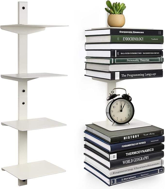 White Floating Bookshelf for Wall Mounted, 2 Tier Vertical Spine Book Tower