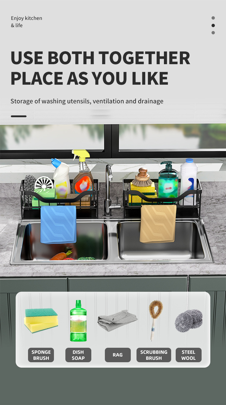 No-Hole Household Kitchen Countertop Sponge Draining Storage Rack Towel Bar + Hanging Stickers
