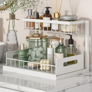 2-Tier Metal Sink Organizer Pull-Out Cabinet Organizer Slide-Out Sink Shelf Standing Type Installation Double Storage Shelves