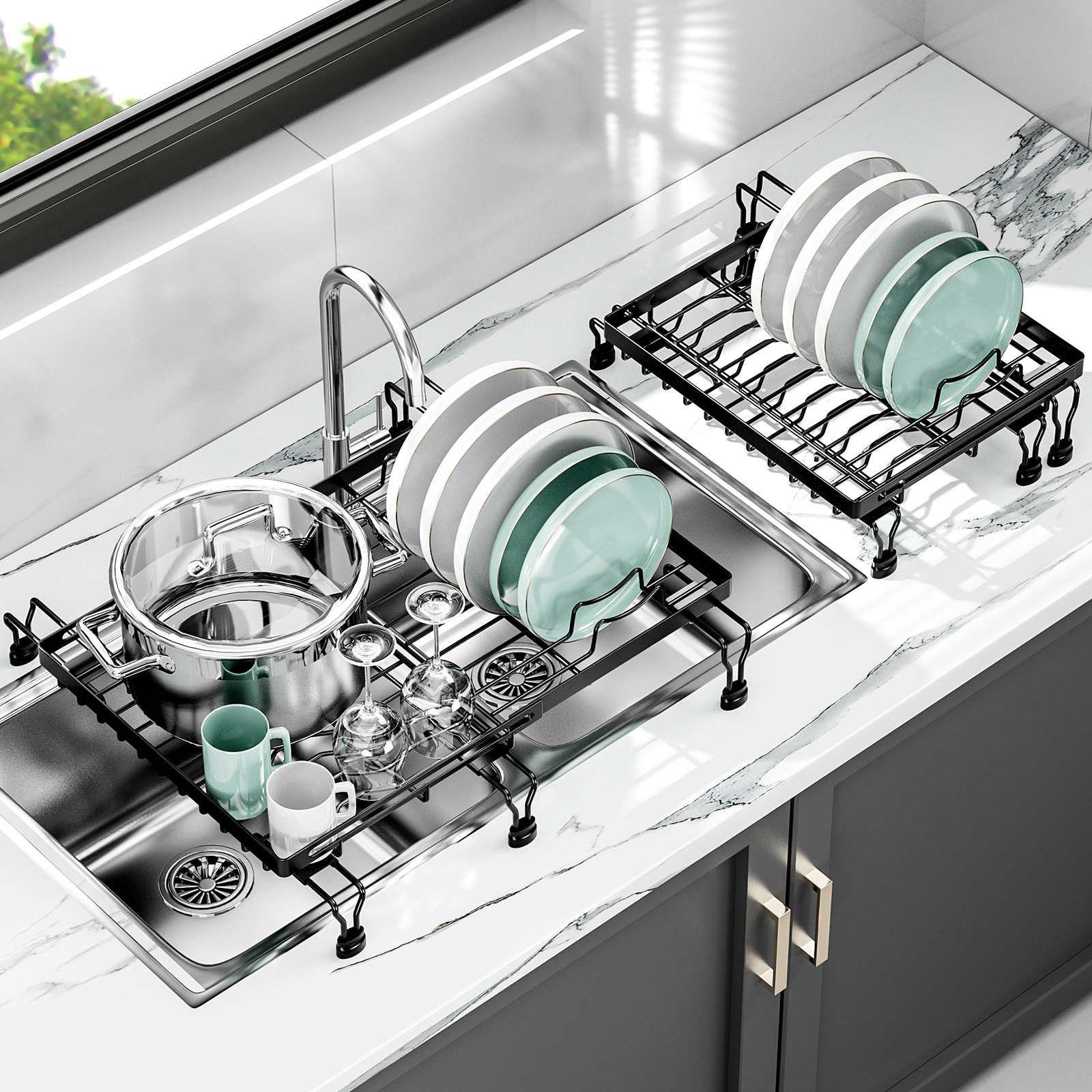 Kitchen Multifunctional Fruit and Vegetable Dish Drainer Storage Net Rack Two-way Telescopic Sink Drainage Mat