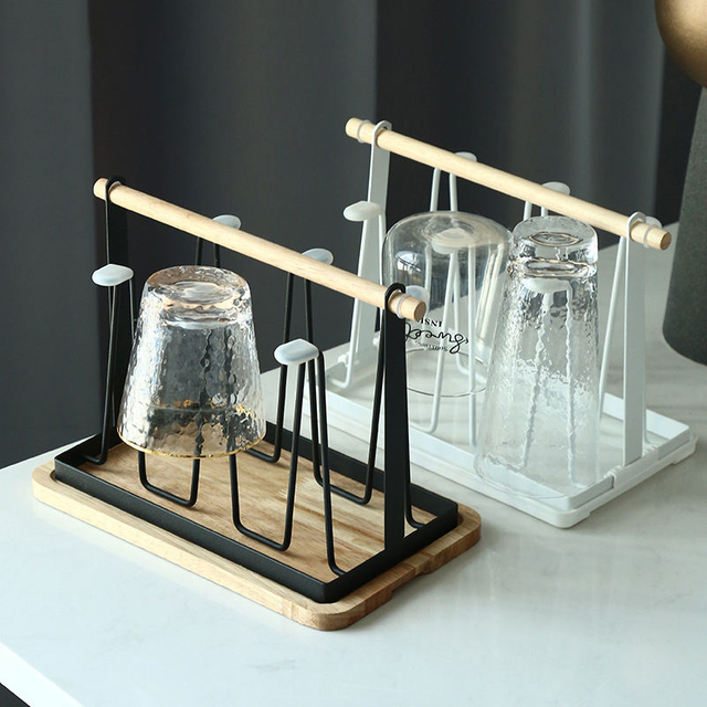 Household Storage Rack Glass Cup Holder 6 Hooks Cup Drying Rack With Wooden Tray