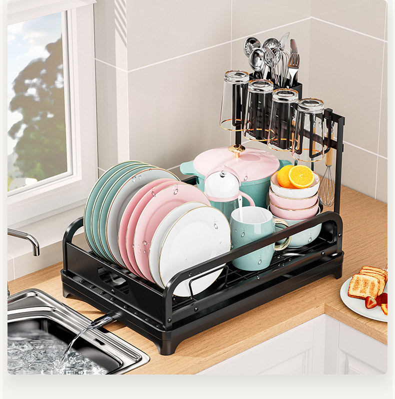 Wrought Iron Kitchen Storage Rack Standing Dish Drying Drainer Cups Utensils Organizer Sink Side Cross-Border Holder Cutlery