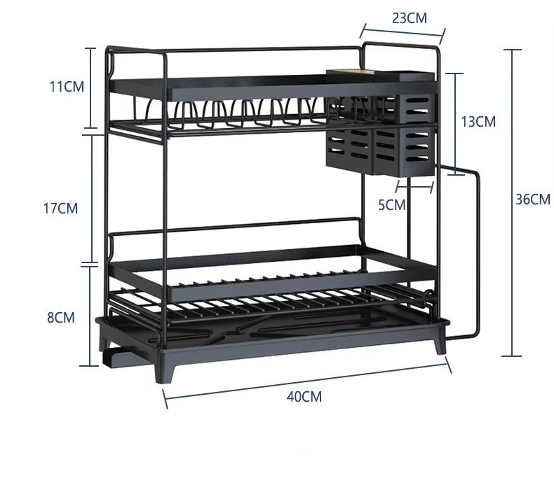 Two Tier Detachable Cross-Border New Kitchen Stainless Steel Draining Rack With Adjustable Catch Tray Black and White