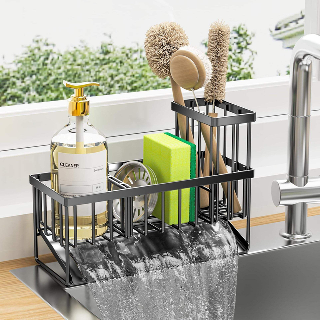 Single-Tier Standing Type Kitchen Sink Caddy Dish Sponge Organizer with Divider Easy Installation Kitchen Sink Organizer