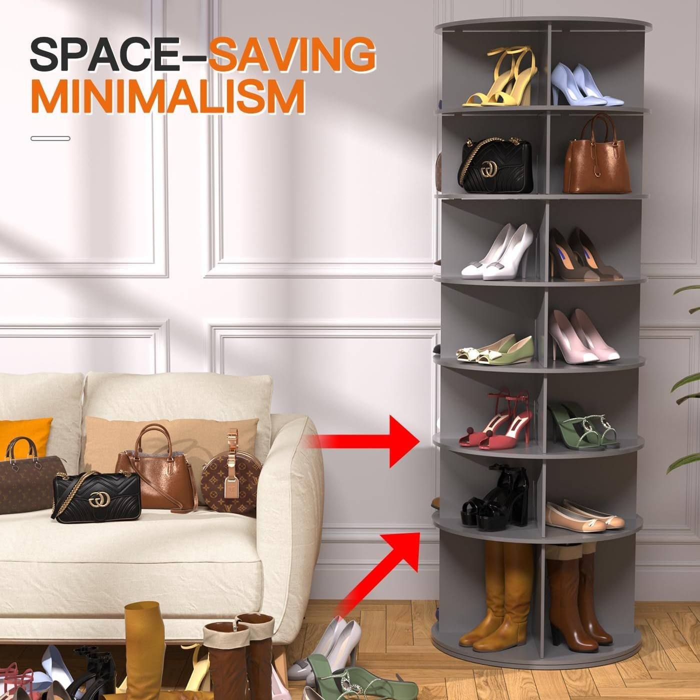 7 Tier Rotating Shoe Rack Hot Selling Free Standing 360° Revolving Shoe Organizer Customized Logo Glossy