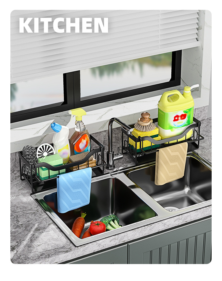 No-Hole Household Kitchen Countertop Sponge Draining Storage Rack Towel Bar + Hanging Stickers