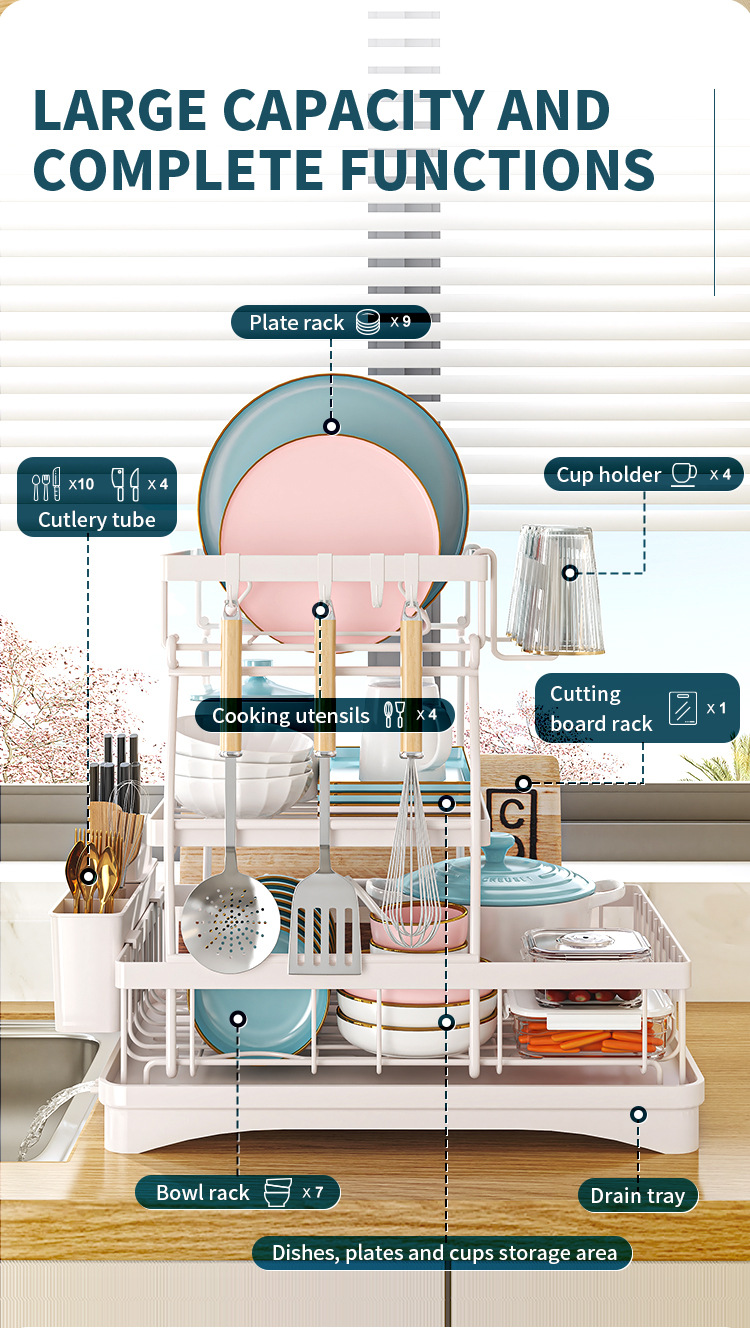 Multi-Functional Kitchen Anti-Rust Countertop Double Draining Bowl Dish Storage Racks