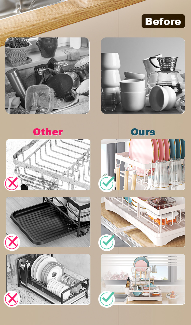Multi-Functional Kitchen Anti-Rust Countertop Double Draining Bowl Dish Storage Racks