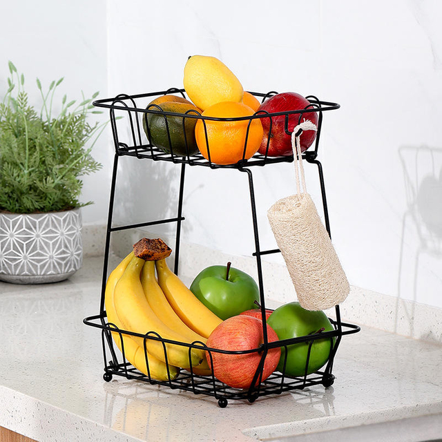 Kitchen Double Countertop Water Fruit Vegetable Rack Storage Basket Snack Holder and Storage Rack Basket