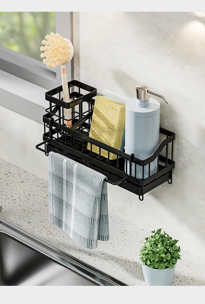 Kitchen Draining Rack Sink Sponge Rag Basket Dishwashing Storage with Adhesive Backed Stickers + Towel Hanging Rods