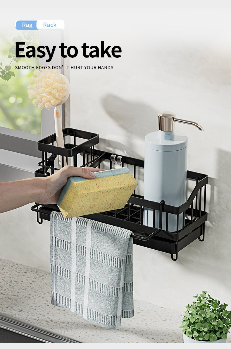 Kitchen Draining Rack Sink Sponge Rag Basket Dishwashing Storage with Adhesive Backed Stickers + Towel Hanging Rods
