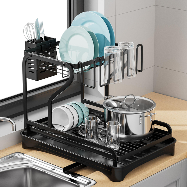 Multifunctional Double-Tier Cutlery Cup Storage Bowl Holder Kitchen Draining Dish Rack for Counter Surface Household Use