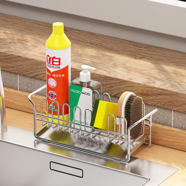 Easy Installation Stainless Steel Kitchen Sink Organizer Single-Tier Standing Type Caddy Dish Sponge Divider Sundries Storage