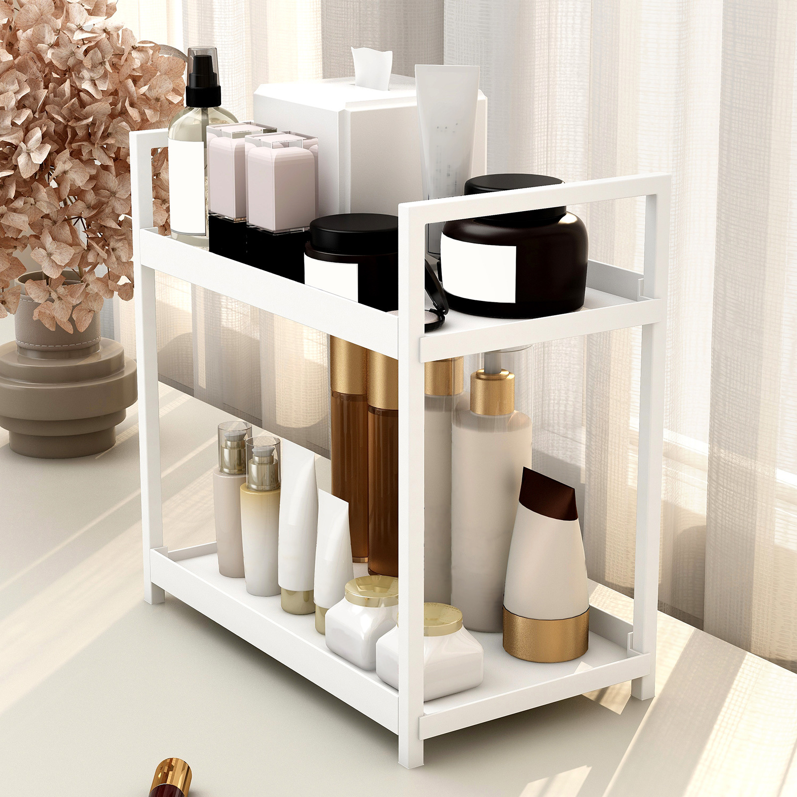 Double Layer Plastic Desktop Organizer Double Countertop Dresser Shelf Kitchen Bathroom Bedroom Perfume Cosmetic Holder Box