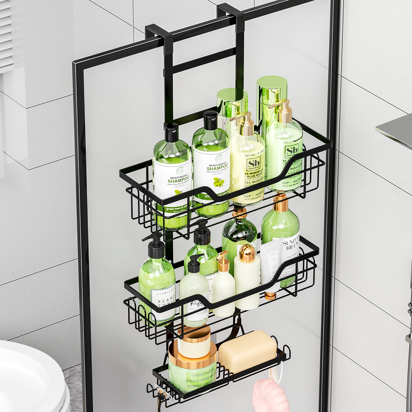 No-Punch Wrought Iron Wall-Mounted Bathroom Shelf Tiered Hanging Basket Storage for Toilet Shower Room Door Hanging Shelf
