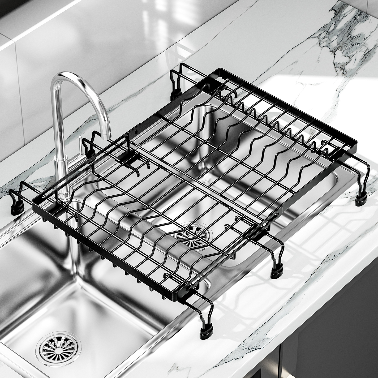 Kitchen Multifunctional Fruit and Vegetable Dish Drainer Storage Net Rack Two-way Telescopic Sink Drainage Mat