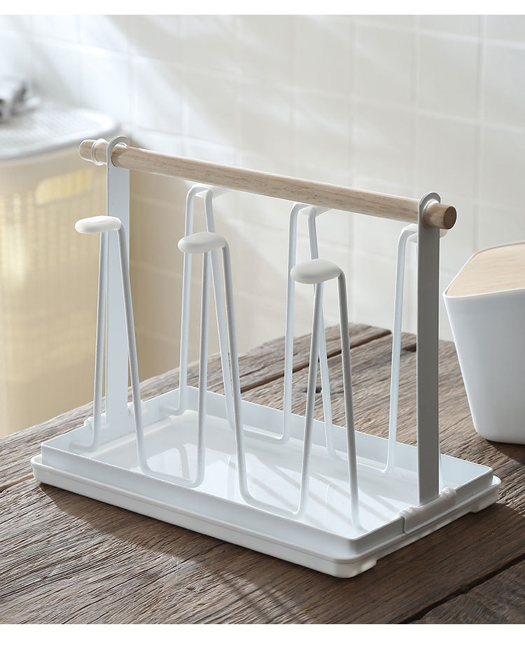 Household Storage Rack Glass Cup Holder 6 Hooks Cup Drying Rack With Wooden Tray