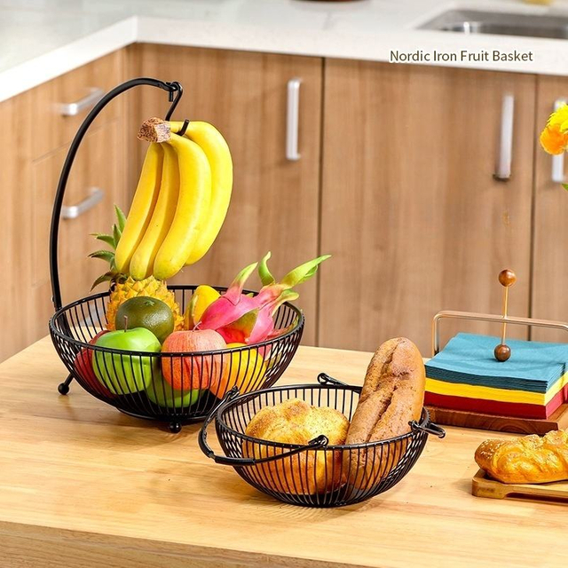 Portable Double Fruit Basket Organizer Wrought Iron Hanging Rack for Bananas Snacks Standing Type Easy Installation Removal