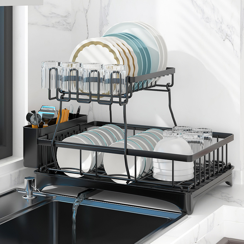 Kitchen Multifunctional Iron Wire Sink Dish Draining Racks Double Tiers Standing Type Drawer Holder Shelf Removable