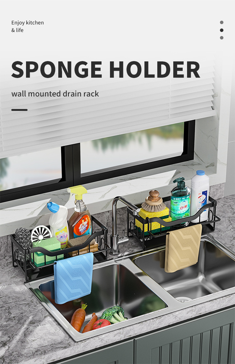 No-Hole Household Kitchen Countertop Sponge Draining Storage Rack Towel Bar + Hanging Stickers