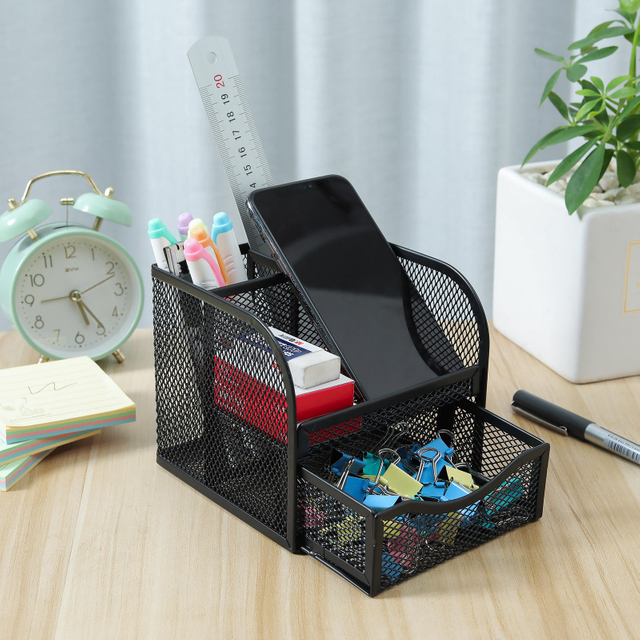 Multifunctional Mesh Desk Organizer with Drawer Functional Office Desktop Organizers and Stationery Caddy for Supplies