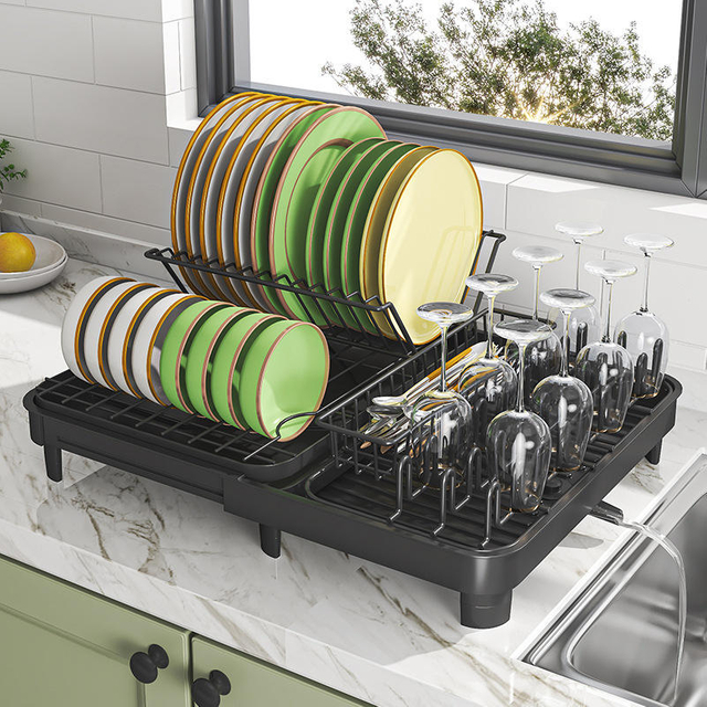 Kitchen Carbon Steel Dishes Drainer Rack Collapsible Countertop Sink Shelf Storage Standing Type Installation Home