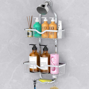 Modern Double-Tier Steel Shower Organizer Hanging Bathroom Storage Rack with Hooks for Sundries Overhead Shower Caddy