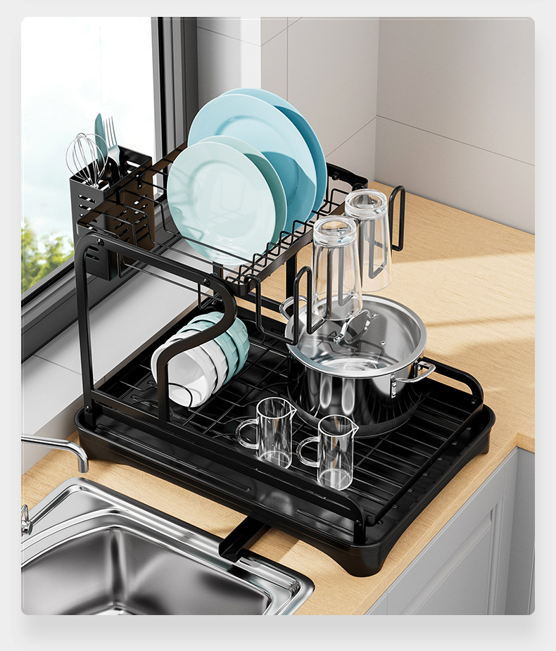 Multifunctional Double-Tier Cutlery Cup Storage Bowl Holder Kitchen Draining Dish Rack for Counter Surface Household Use