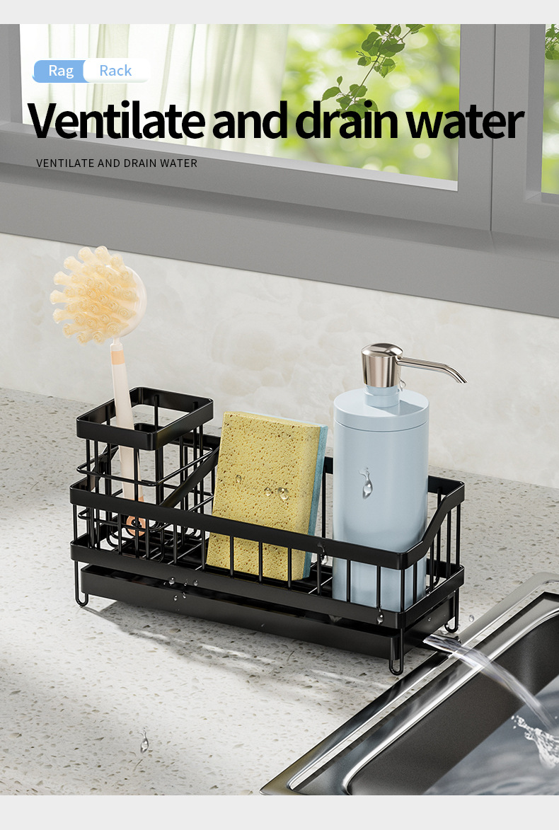 Kitchen Draining Rack Sink Sponge Rag Basket Dishwashing Storage with Adhesive Backed Stickers + Towel Hanging Rods