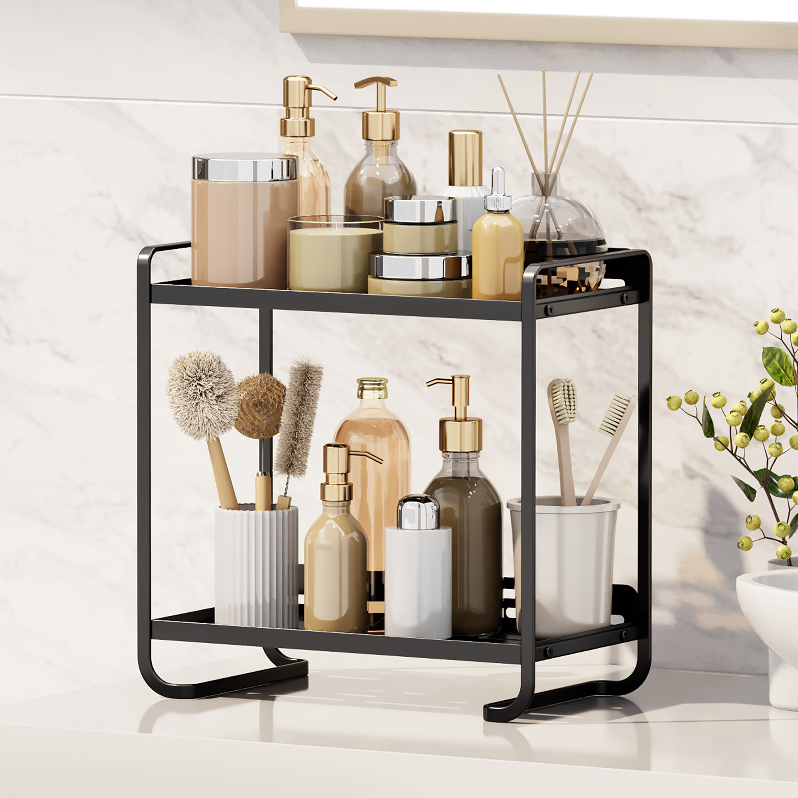 Multi-Layer Desktop Cosmetic Shelf Dresser and Skin Care Organizer with Wash Basket for Dormitory or Bathroom Storage Use