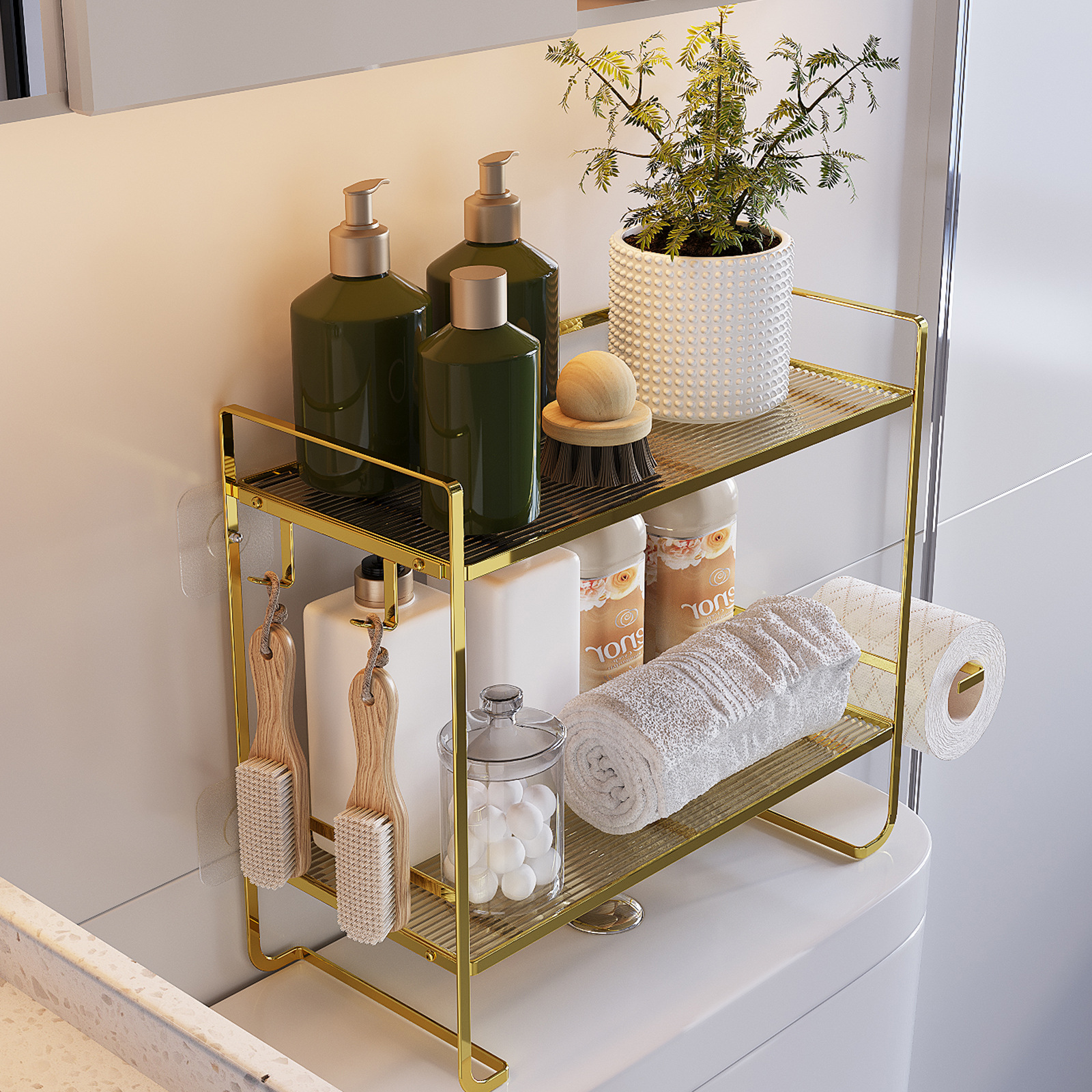 No-Punch Toilet Shelf With Paper Towel Hanging Feature Bathroom Storage Organizer Above Water Tank