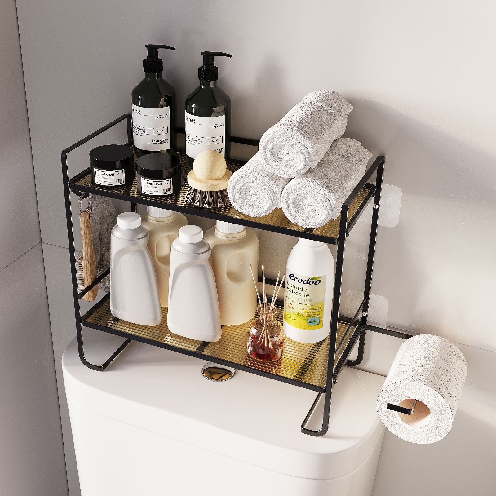No-Punch Toilet Shelf With Paper Towel Hanging Feature Bathroom Storage Organizer Above Water Tank