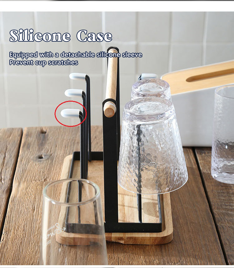 Household Storage Rack Glass Cup Holder 6 Hooks Cup Drying Rack With Wooden Tray