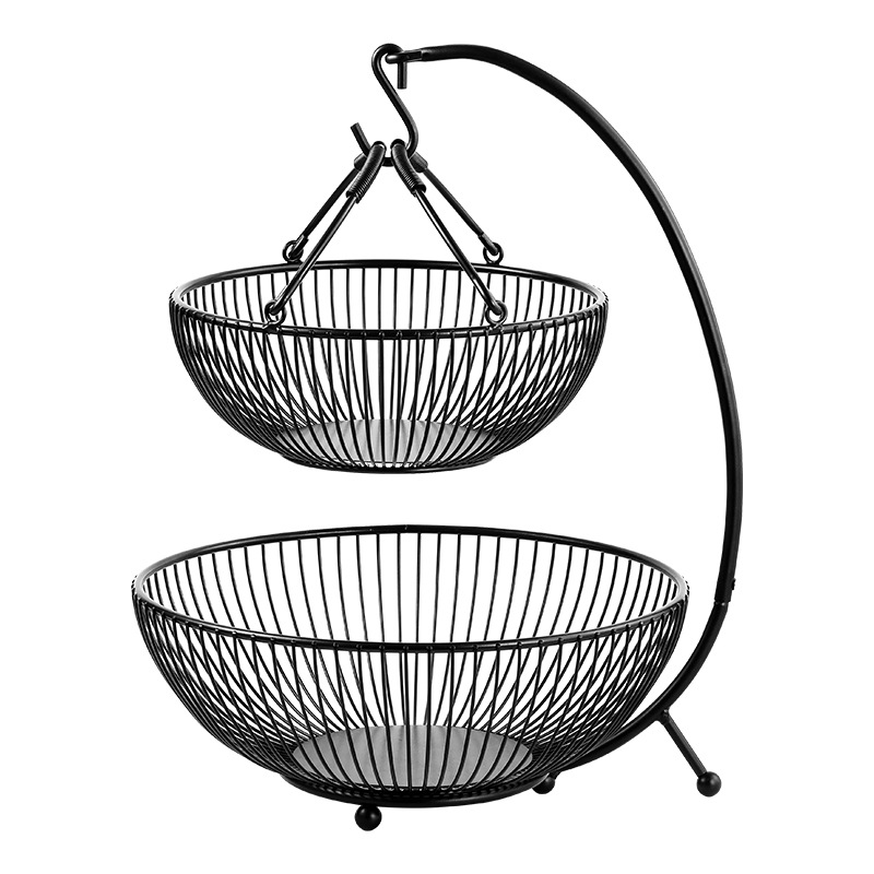 Portable Double Fruit Basket Organizer Wrought Iron Hanging Rack for Bananas Snacks Standing Type Easy Installation Removal