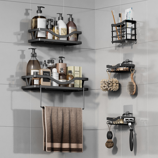 Modern Five-Piece No-Hole Wall-Mounted Bathroom Shelf Set Cross-Border Toiletries Storage Racks OEM Design