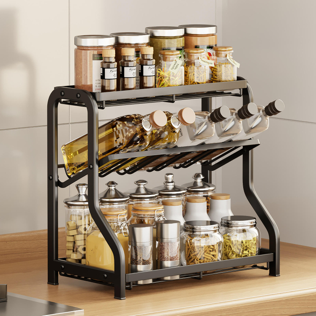 Home Use Three-Tiered Countertop Spice Rack Cross-Border Kitchen Shelf Soy Sauce Condiments Storage Supplies Holder