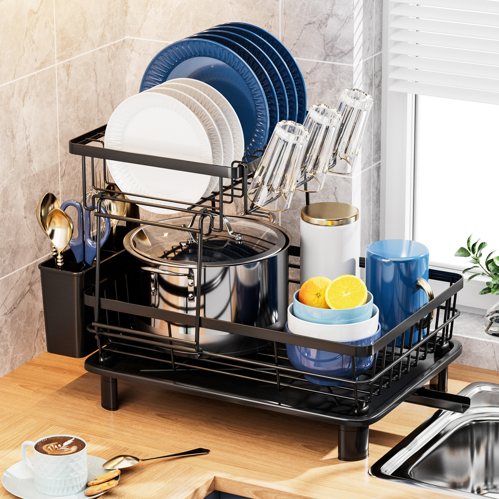 Kitchen Countertop Drying Rack with Double Tiers Household Chopsticks Knife Fork & Cup Storage Holder for Home Use