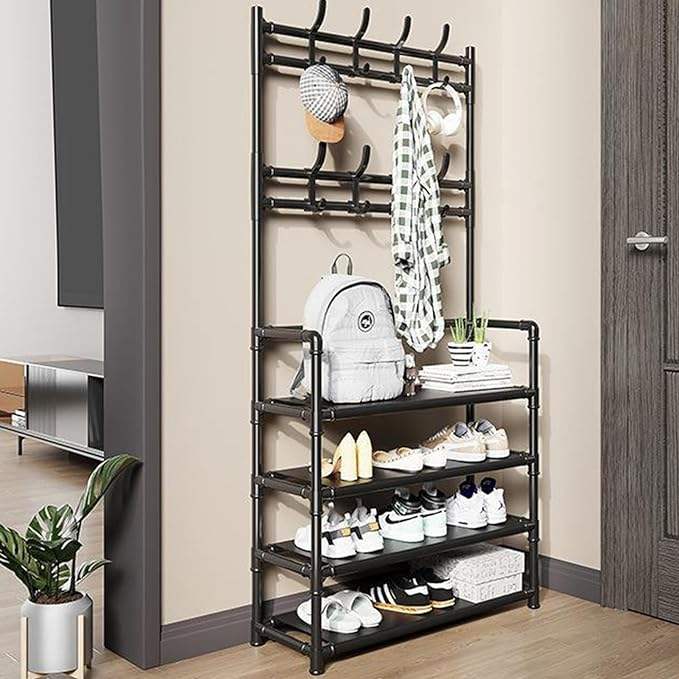 4-Tier Coat and Shoe Rack Entryway Coat Rack with 8 Hooks Shoes Organizer for Living Room, Bedroom, Office