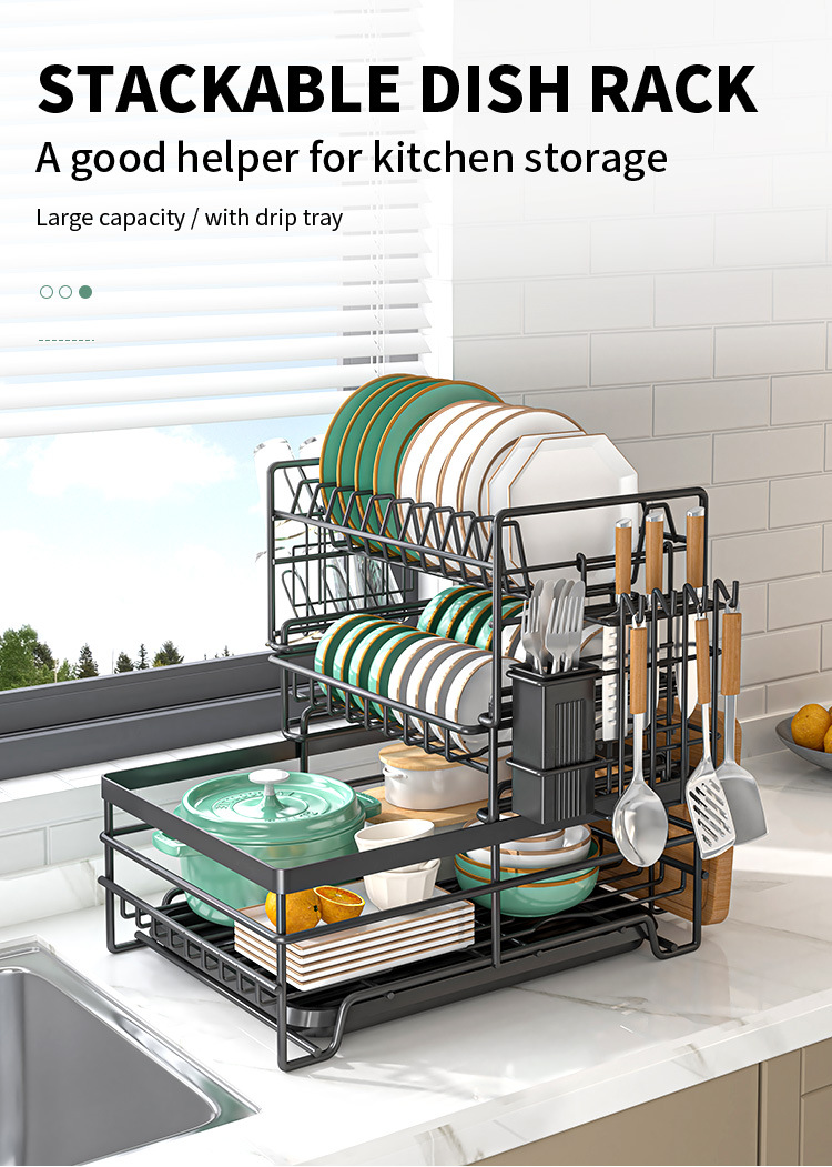Cross-Border Multi-Functional Kitchen Anti-Rust Countertop Double Draining Bowl Dish Storage Racks